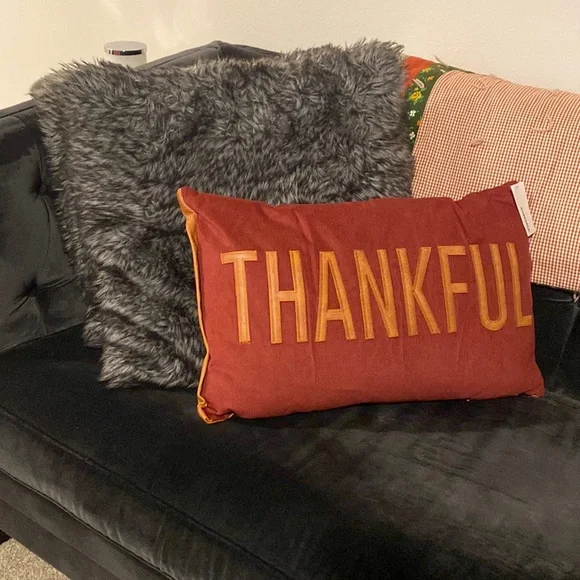 Corduroy and leather thankful throw pillow - Picture 1 of 2